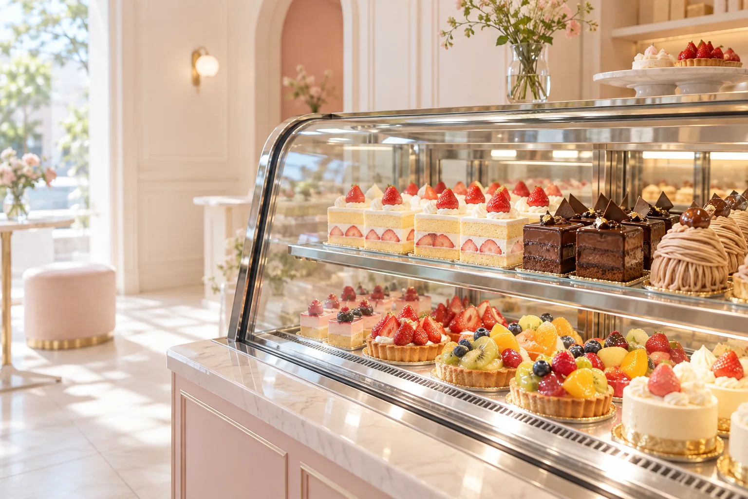 いちごのケーキやタルトが並ぶ明るいショーケース
